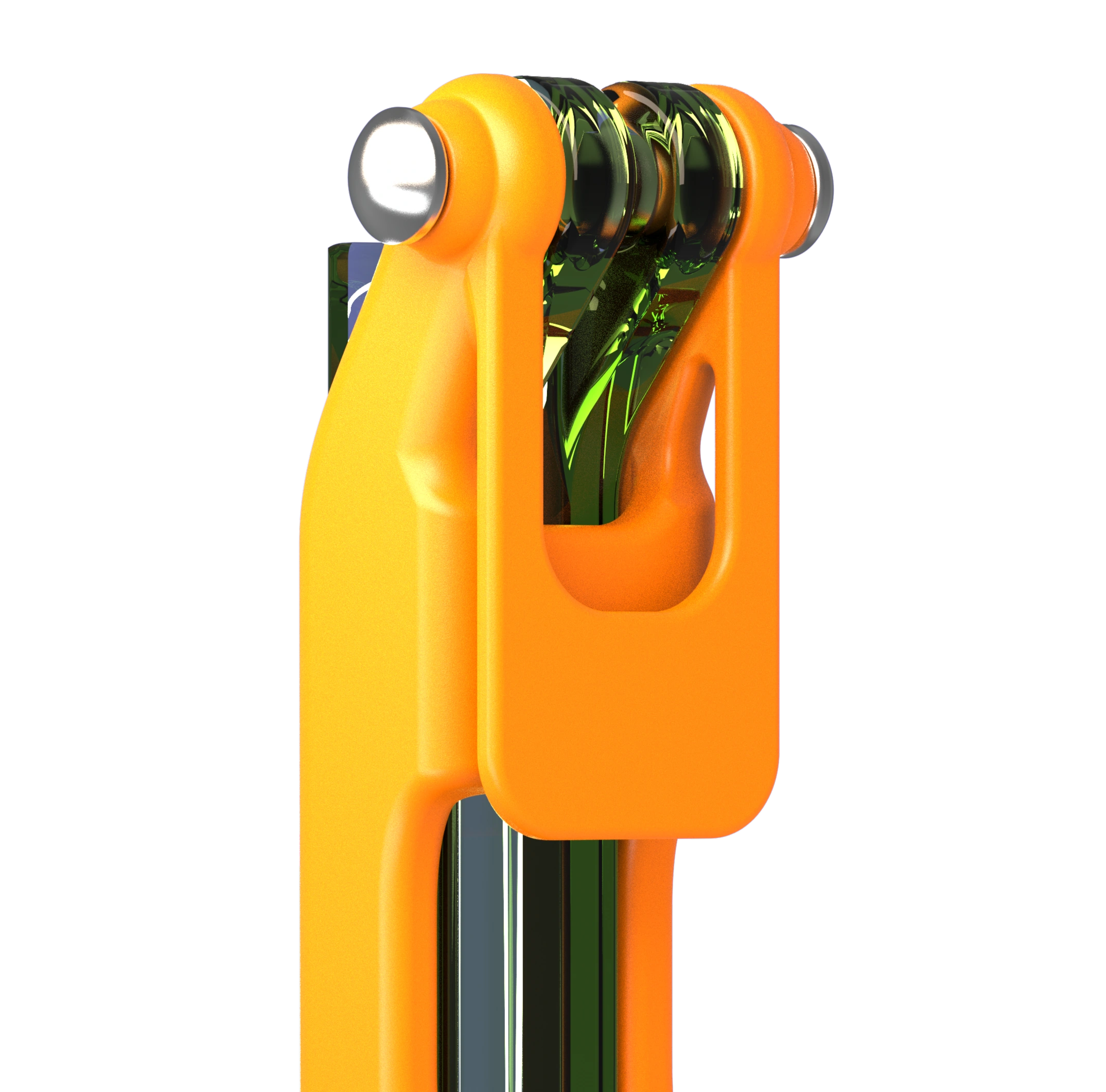 Close-up of the integrated orange clothing clip and metal hinge on Cut & Run