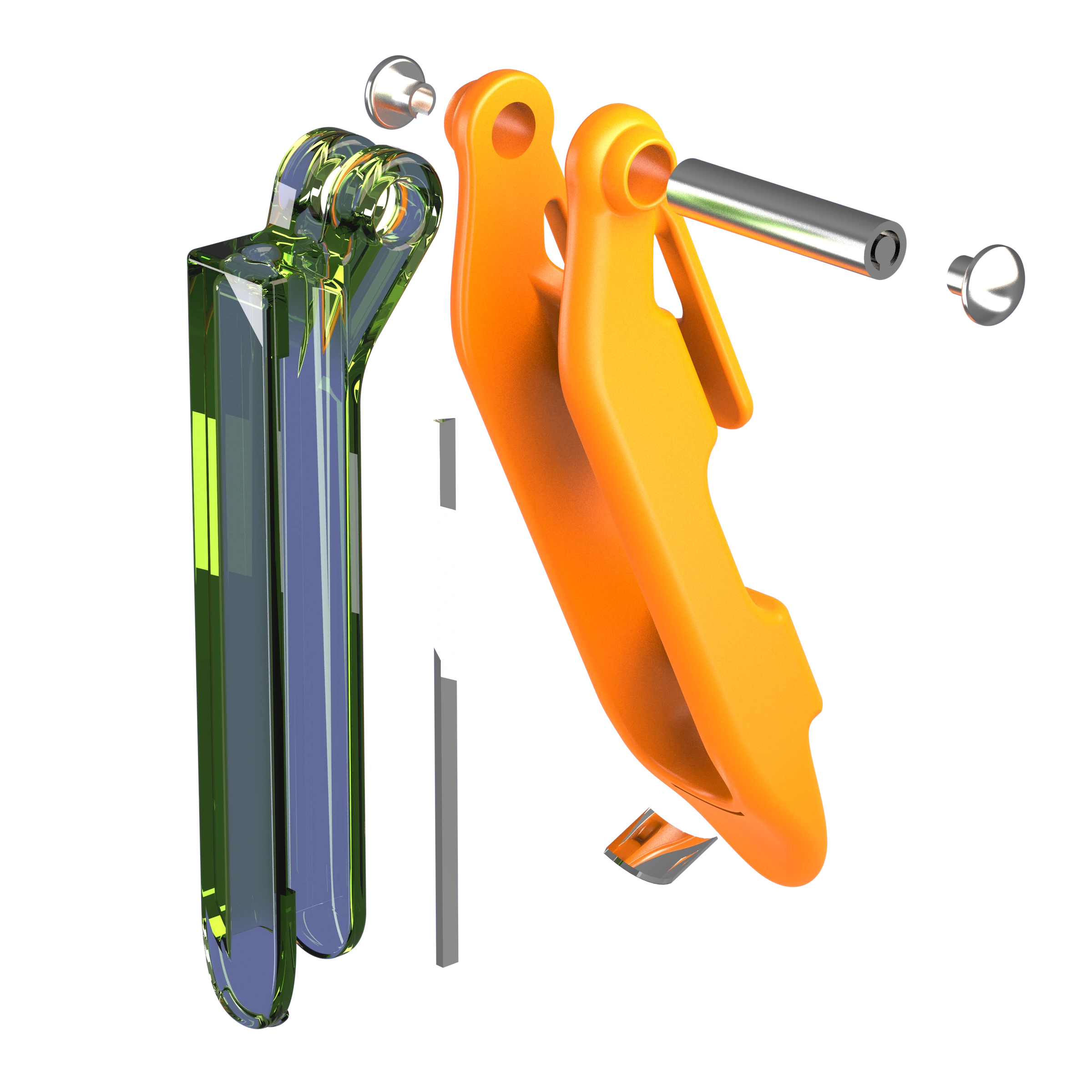 Exploded Cut & Run assembly with green enclosure, orange casing, two blades, aluminium hinge rod and caps