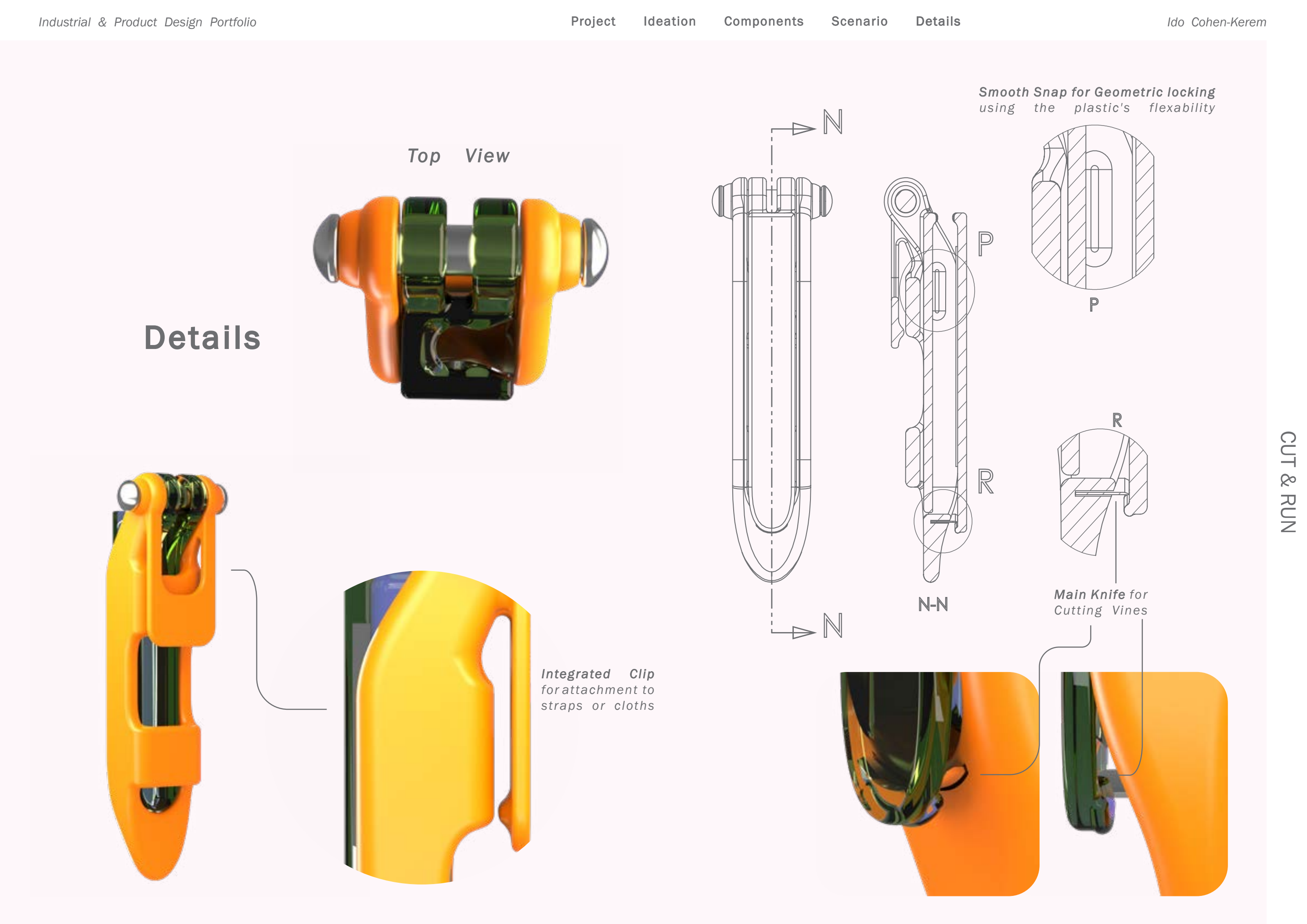 Original technical sheet showing top view, hinge section, flexible snap closure, integrated clip and cutting blade