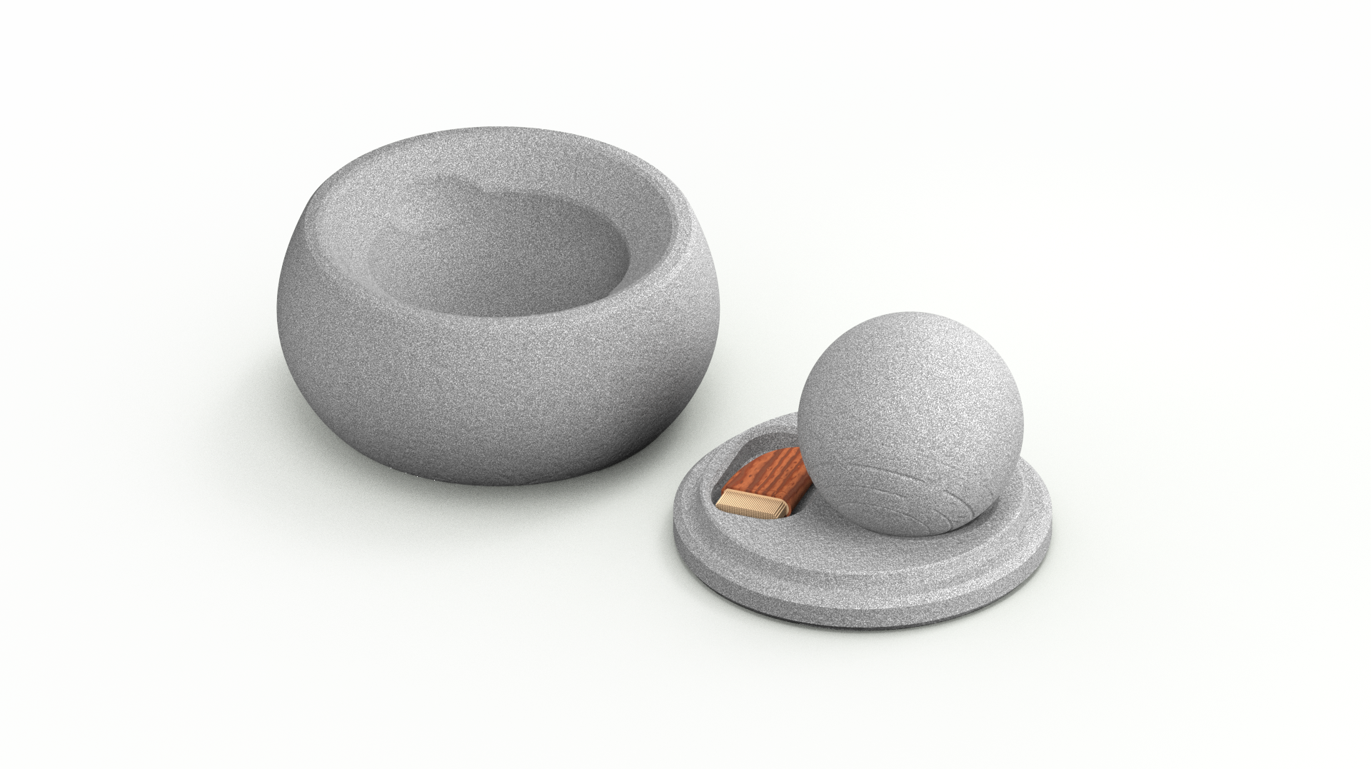 Original render of the open mortar beside the base holding the pestle and wooden brush