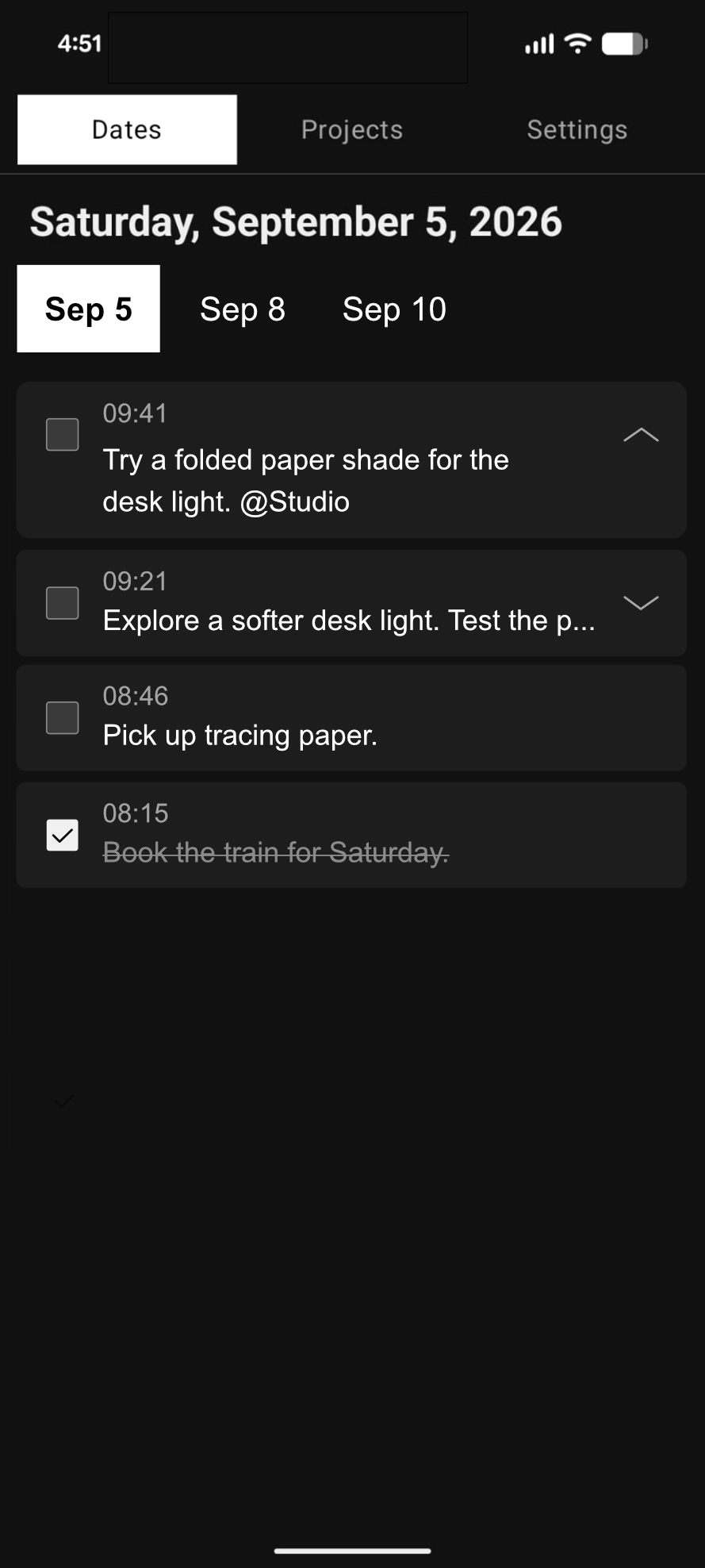 Review showing the same folded paper shade thought saved at 09:41 with its Studio tag